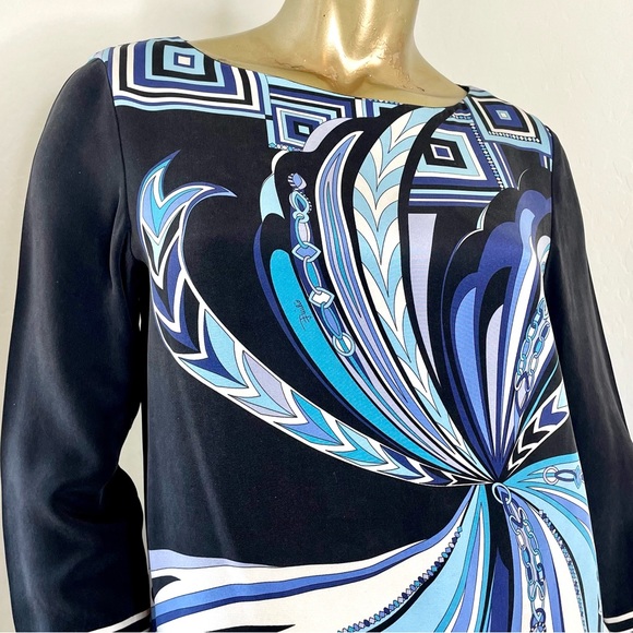 EMILIO PUCCI 100% SILK GEOMETRIC ABSTRACT PRINT LONG SLEEVE SHIFT DRESS SZ 40 - Picture 6 of 8
